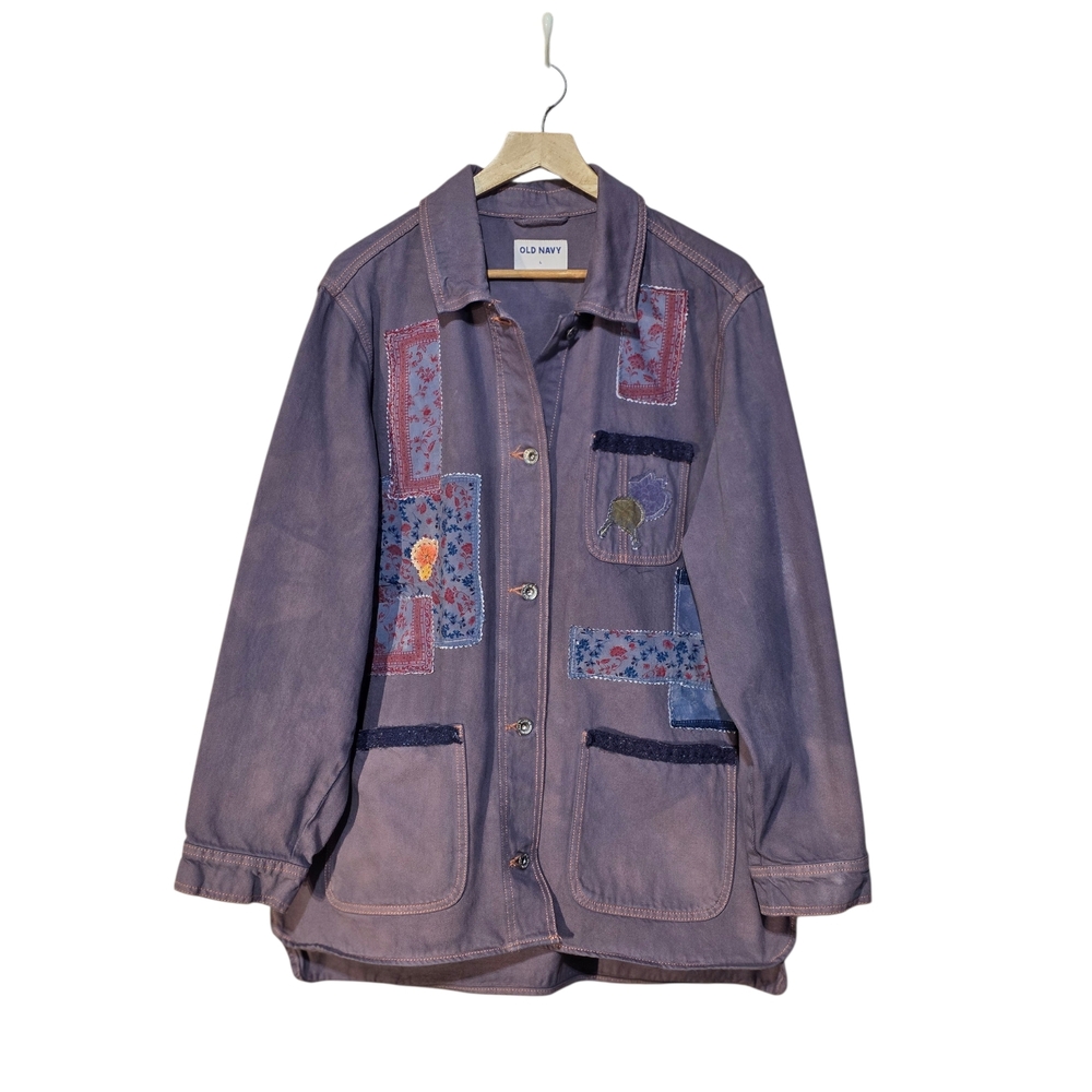 Women's Blue Purple Utility Jacket with Patchwork Design